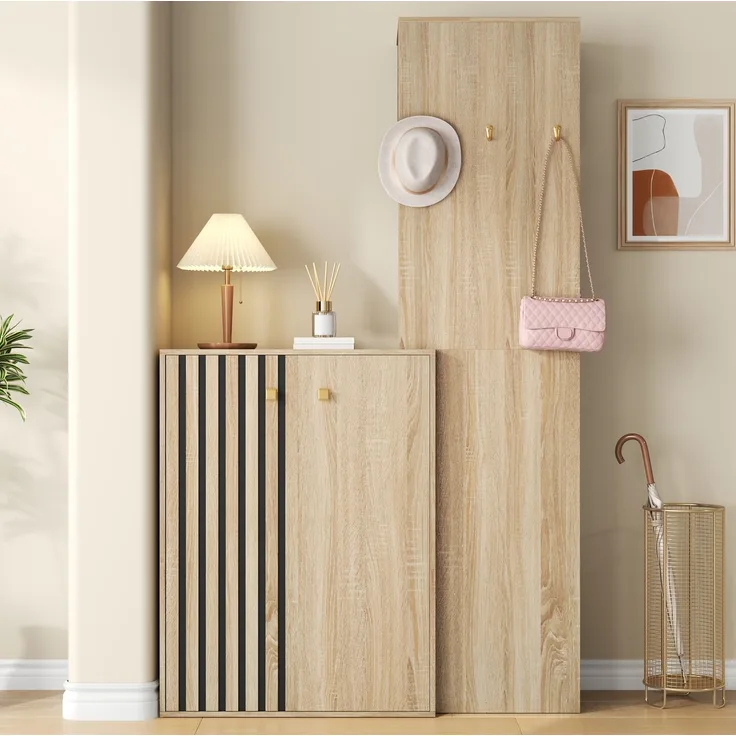 Kompaktgarderobe aus MDF mit Schuhschrank und Kleiderstange, 115x38,5x191,5 cm, Natur