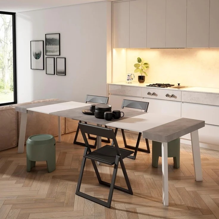Skraut Home | Ausziehbarertisch | Multifunktionaler ausziehbarer | 260 | Für 12 Gäste | Hölzerne Beine | Moderner Stil | Mattweiß und Zement – Bild 2