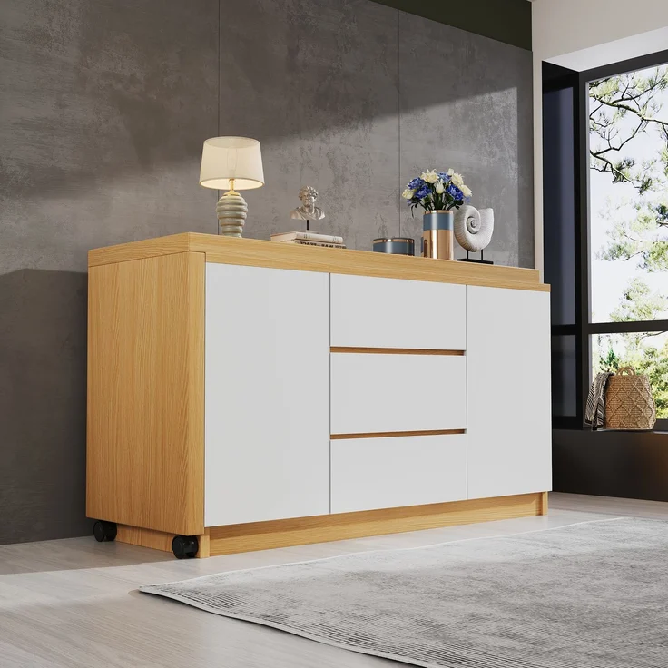 ZUBALIYA drehbarer Eckschreibtisch auf Rollen, feststellbare Rollen, H 76.5 × B 120 × T 50 cm, Eiche / Weiß, flexibel aufstellbar, für Büro und Homeoffice – Bild 2