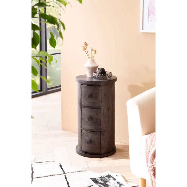 Sideboard Mango Massivholz Schwarz 34x65x34cm 3 Schubladen Beistellschrank – Bild 2