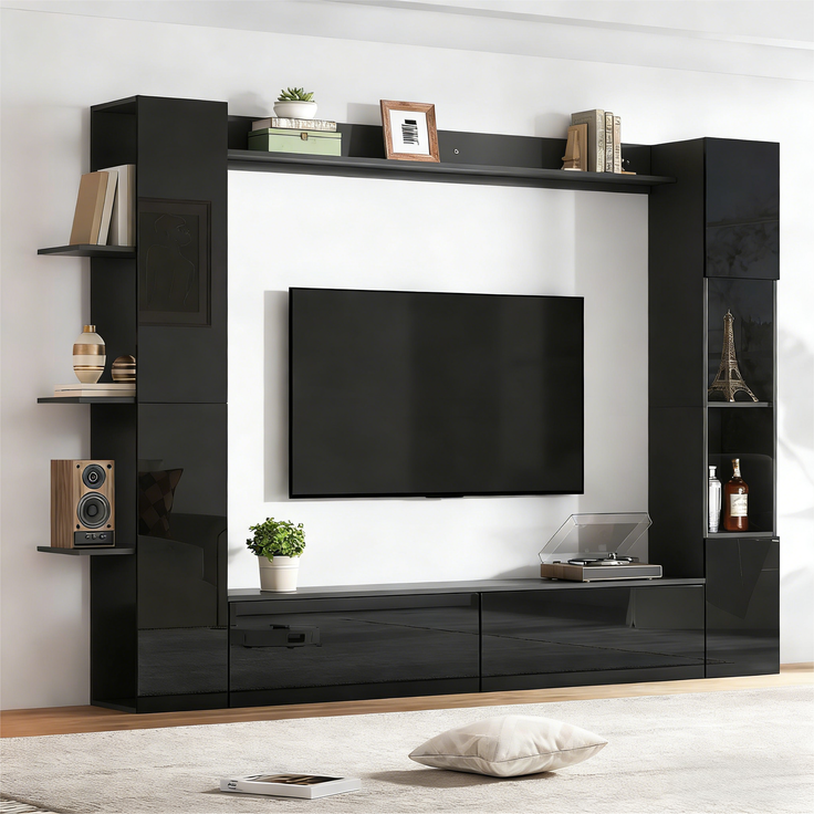 Wohnwand , Vitrinen Türanschlag wechselbar,(Set, 4-St), Kompaktwohnwand mit viel Stauraum,TV-Schrank, Vitrine, Aufbewahrungsschrank, speziell für das Wohnzimmer,Schwarz--Schwarz--245x30x170cm--YOUDENOVA – Bild 8