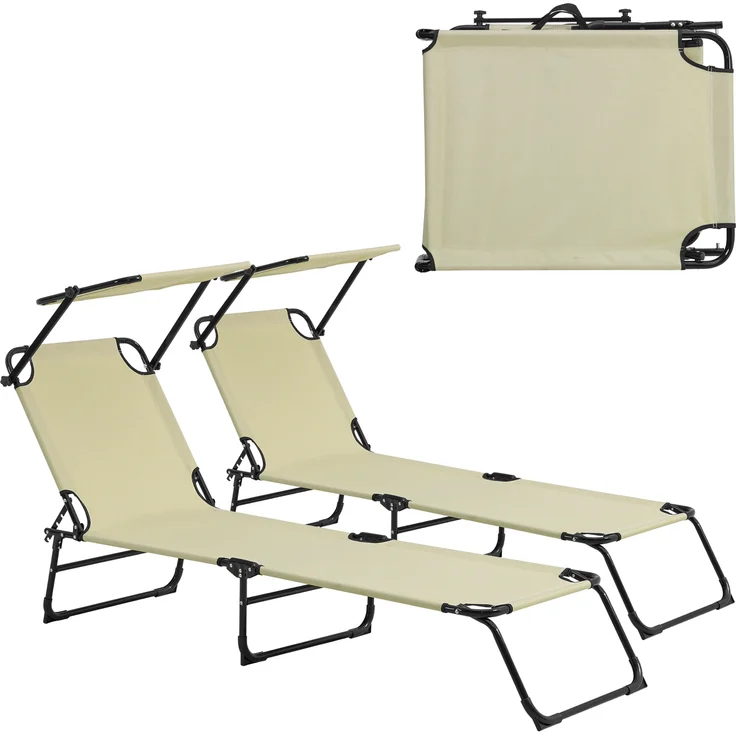 2er Set Sonnenliege Lomeda mit Sonnendach 187x53x27cm Creme [casa. pro] – Bild 1