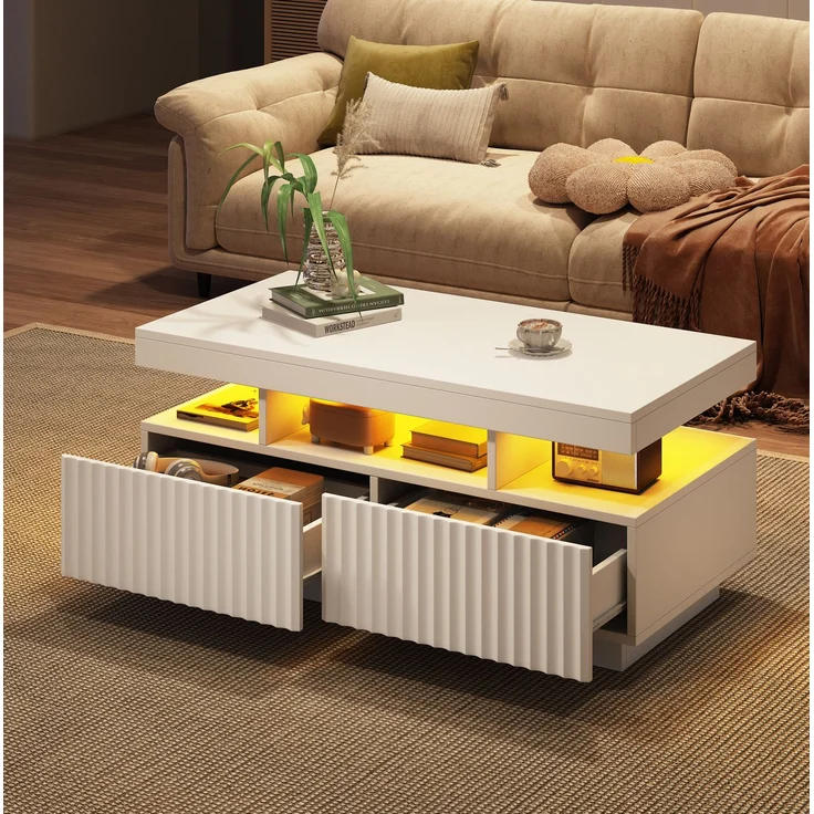 DESVIAE Couchtisch mit 2 Schubladen und LED-Beleuchtung 100x45x50 cm Spanplatte Weiß – Bild 3