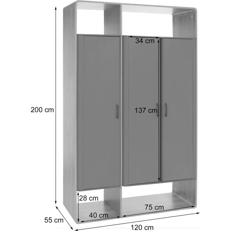 Schrank HWC-P43, Garderobenschrank Kleiderschrank Highboard 3 Türen MDF 200x120x55cm ~ Rivera-Eiche-Optik, dunkelgrau – Bild 3