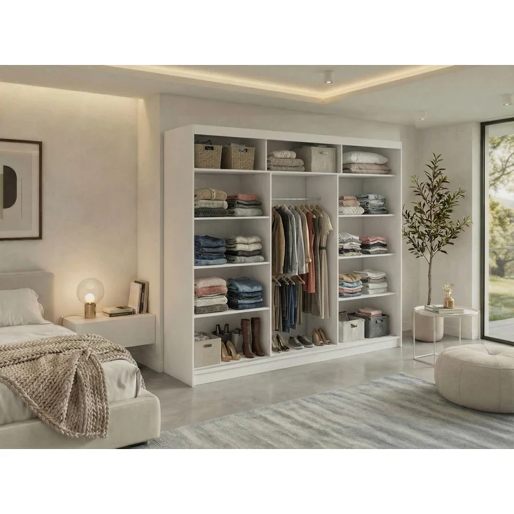 Moderner Schwebetürenschrank MACEDONIA, Kleiderschrank in Weiß Color, Breite 240 cm, minimalistisches Design, Inkl. Innenausstattung – Bild 3