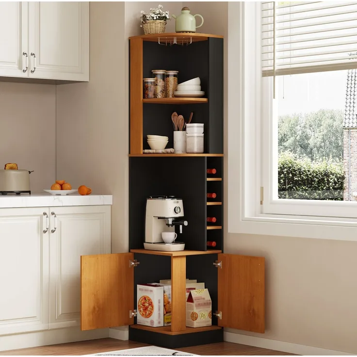 Eckschrank 40x40x182 cm mit Weinglasregal und 4 Weinfächern – platzsparender Stauraum in Schwarz