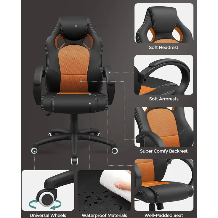 Songmics Racing Stuhl Bürostuhl Gaming Stuhl Chefsessel Drehstuhl PU, schwarz-orange, OBG56BO – Bild 4