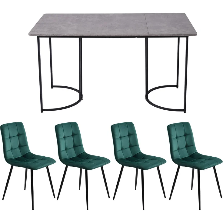 Essgruppe 5-tlg, Esstisch 140x80x75 cm Grau Marmor & 4 dunkelgrüne Samtstühle – Bild 3