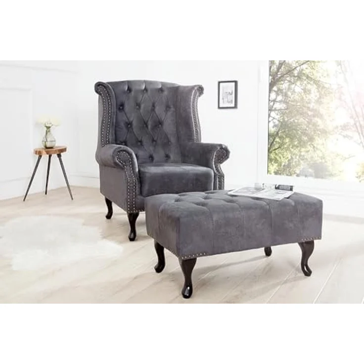 riess-ambiente Fußhocker CHESTERFIELD 80cm antik grau, mit Massivholzbeinen – Bild 4