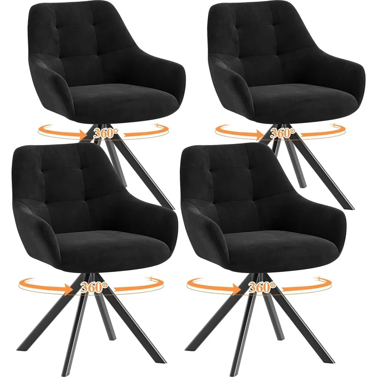 COLAMY Drehbare Esszimmerstühle 4er Set, Esszimmerstühle Drehbar mit Armlehne, Armlehnstuhl Drehbar mit Rückenlehne für Esszimmer, Stühle aus Weichem Florstoff mit Metallgestell für Küche, Schwarz – Bild 1