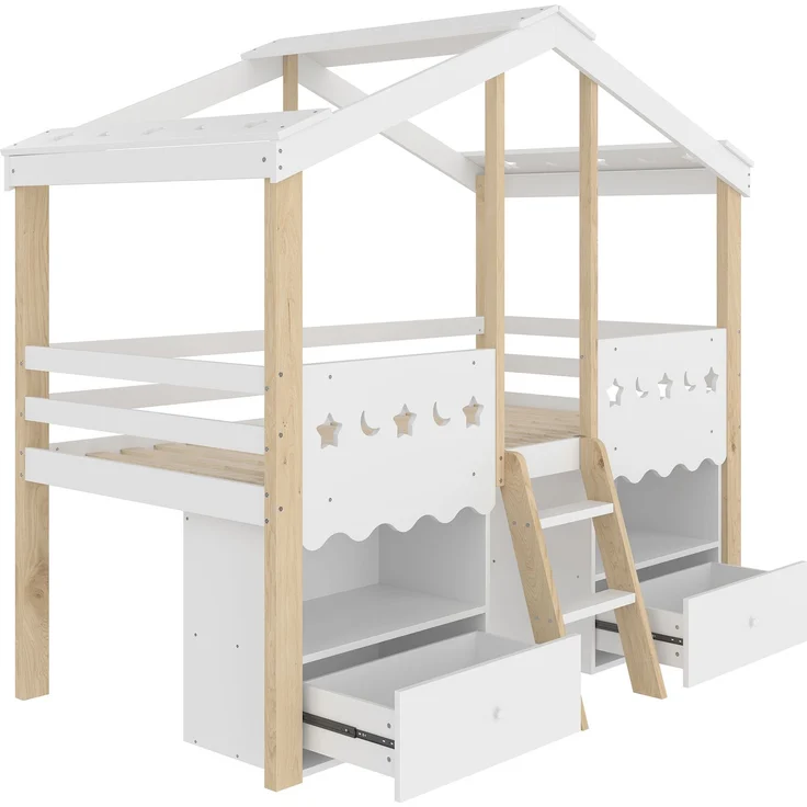Kinderbett 90x200 cm Hausform Weiß + Natur, Hochbett für Kinderzimmer mit LED-Beleuchtung, 2 Schubladen, Stauraum, Leiter – Bild 8