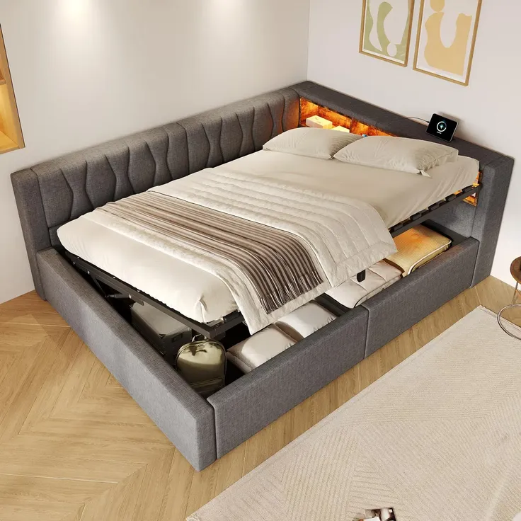 Schlafsofa mit LED-Streifen, Lattenrost, Regal, Rückenlehne, Aufbewahrung, Type-C und USB, 140x200 cm, Polsterbett, Stauraumbett, Tagesbett, Leinen