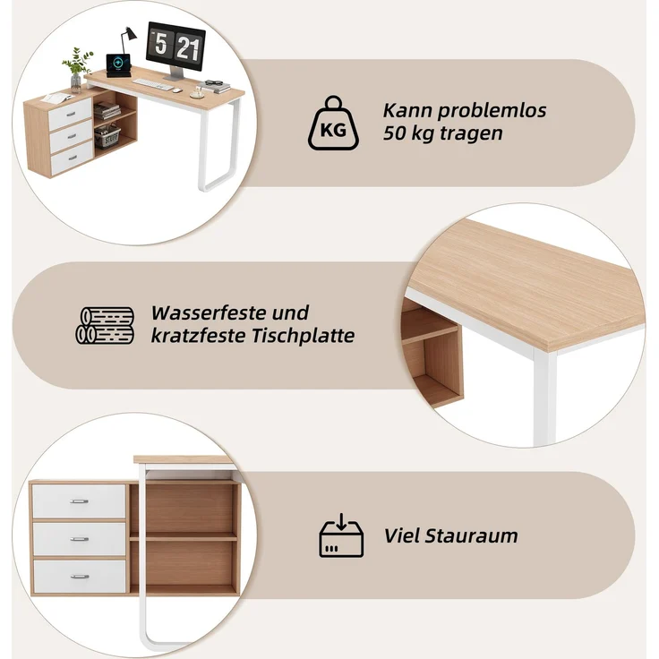 Flieks L-Form Schreibtisch 147×100×75.3 cm, Bürotisch mit 3 Schubladen & 2 offenen Ablagefächern, massiver Stahlrahmen, Naturholzfarbe & Weiß – Bild 5