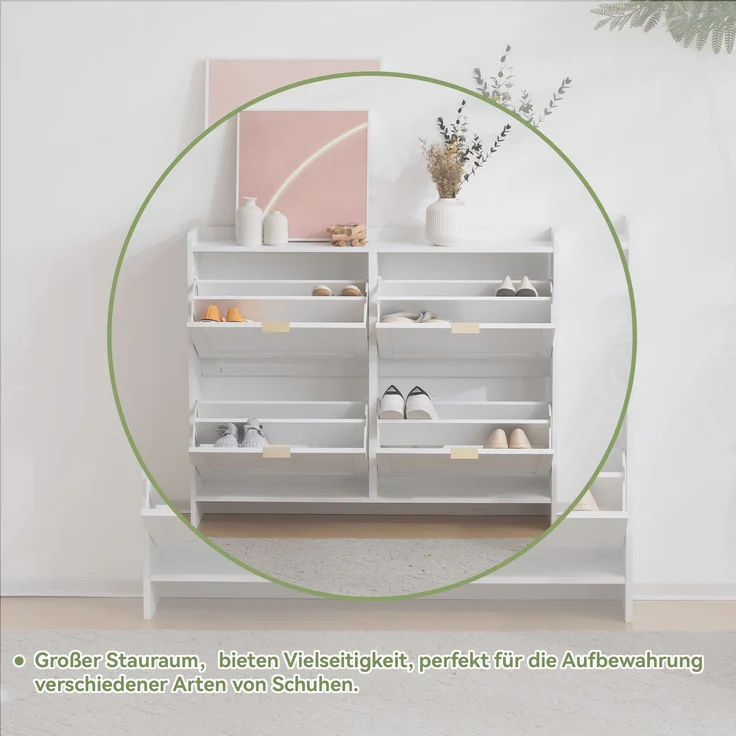 Merax Schuhschrank, mit 4 Klappenfächern, freistehendem Schuhregal, offenen Ablageflächen, geeignet für Eingangsbereich oder Flur, Weiß – Bild 6