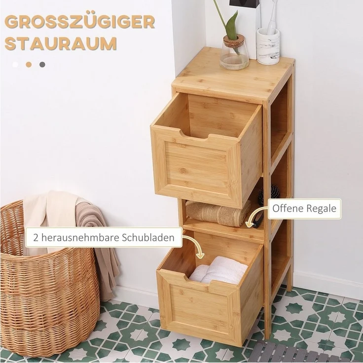 Kleankin Badkommode Aufbewahrungsschrank mit Kippschutz aus Bambus (Badschrank, 1 St, Badezimmerschrank), Naturholz, 30 x 30 x 90 cm – Bild 3