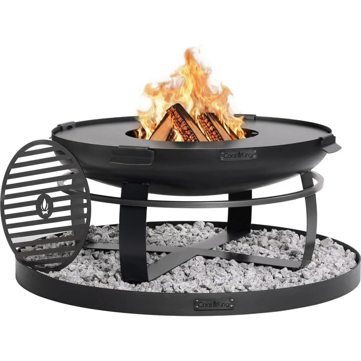 Cook King Stahl SET: Feuerschale „VIKING“ 80 cm inkl. Grillplatte 78 cm mit 4 Griffen, Grillrost 37 cm und runder Deko-Steinbasis 100 cm Schwarz