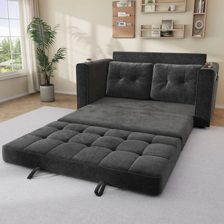 Schlafsofa, Chenille, 3-fach ausziehbar mit Getränkehaltern, 141x79x93 cm, Grau – Bild 3