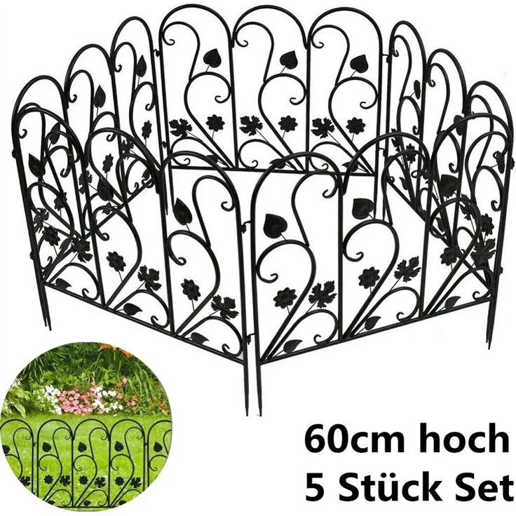 UNHO 5 Stück Beetzaun Metall Gartenzaun Eisen Beeteinfassung Beetumrandung 60x62 cm Schmuckzaun verzinkt Teichzaun Gitterzaun Gehege Zaunset Schwarz