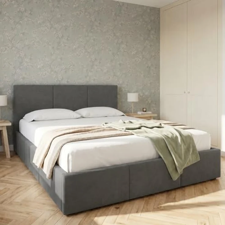 Home Collective Polsterbett Doppelbett mit Stauraum, flexibler Lattenrost mit Härtegradeinstellung, 120x200 bis 180x200 cm, samtweicher Veloursstoff in Aschgrau, in Europa hergestellt – Bild 1