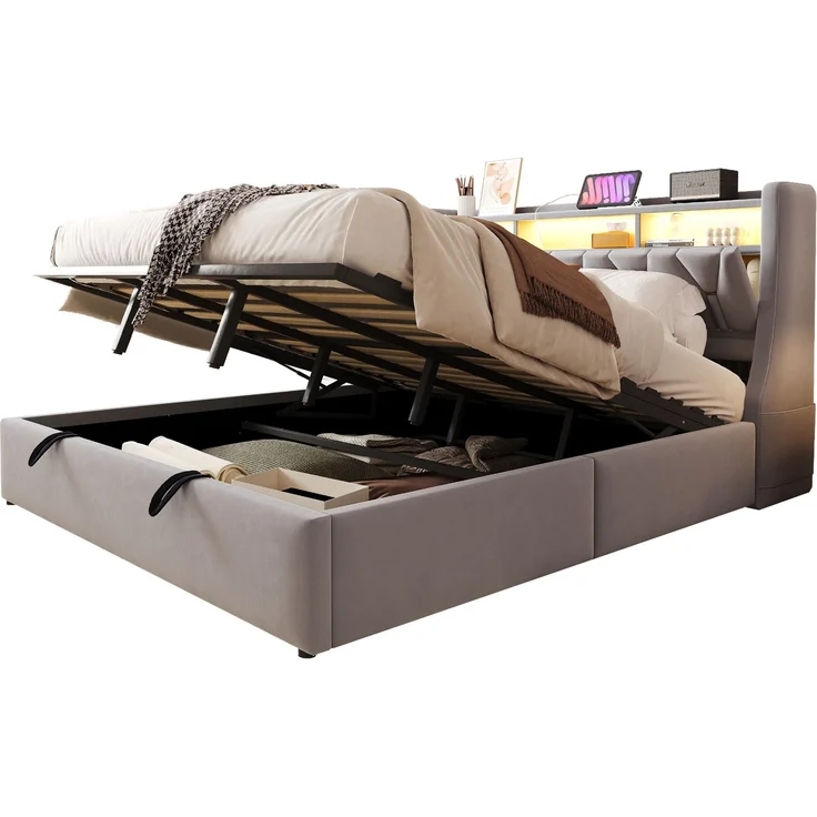 U-life Polsterbett 180x200 cm, fürs Schlafzimmer, hydraulischer Stauraum, klappbar, Steckdose und Ablagefach, LED-Beleuchtung, Sperrholz, Hellgrau – Bild 9