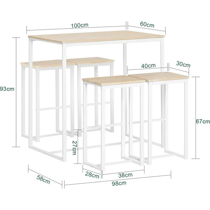 SoBuy OGT15-WN Bartisch-Set mit 4 Hockern, MDF, PVC-Furnier, Weiß, 100 x 93 x 60 cm – Bild 3