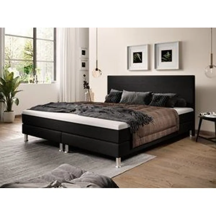Boxspringbett Sunny Plus 180x200 cm Webstoff Schwarz mit Topper-Optik