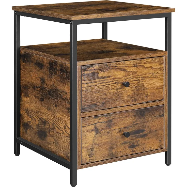 Vasagle Nachttisch, mit 2 Schubladen und offenem Fach, Spanplatte / Stahl vintagebraun-schwarz, 60 x 45 x 45 cm