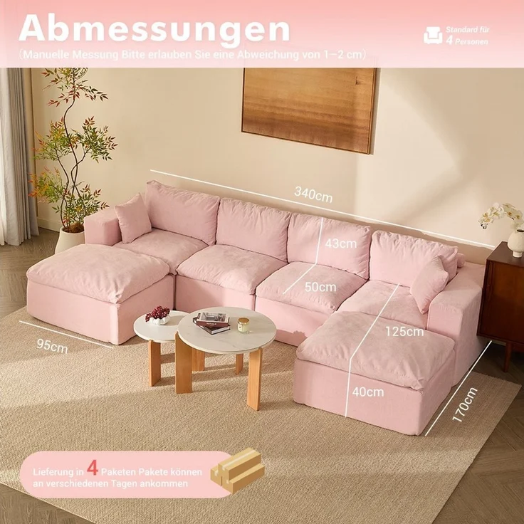 LITBIRD Sofa Ecksofa mit Schlaffunktion, extra tiefe Sitzfläche, Chenille-Bezug, 6 Teile, Modulares U-Form Sofa 340 cm, moderne Couch, ohne Montage – Bild 2