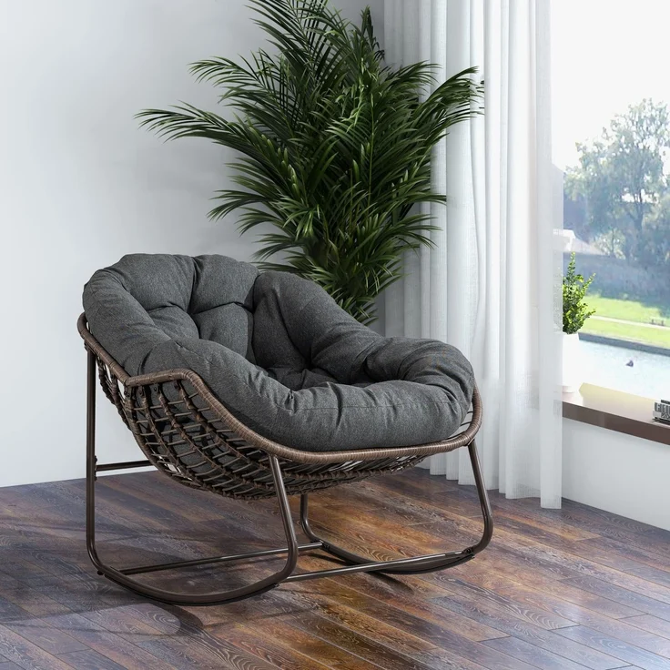 Ball & Cast Schaukelstuhl Outdoor, Rocking Chair mit Gepolstertem Kissen, Relaxsessel Schwingsessel für Garten, Balkon & Terrasse, Grau
