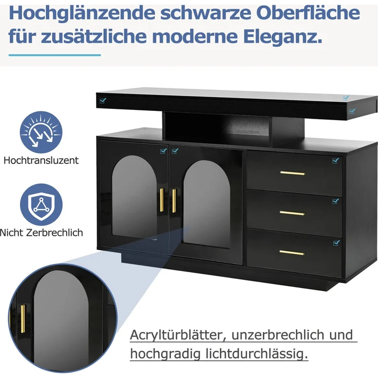 DESVIAE Sideboard mit RGB-LED-Beleuchtung und 3 Schubladen 120x80x40 cm Spanplatte Schwarz – Bild 5