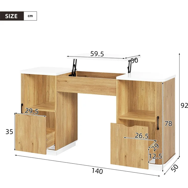 Schreibtisch-Set 140x50x78/92 cm mit Aktenschrank 80x40x110 cm, MDF in Weiß/Eiche – Bild 5