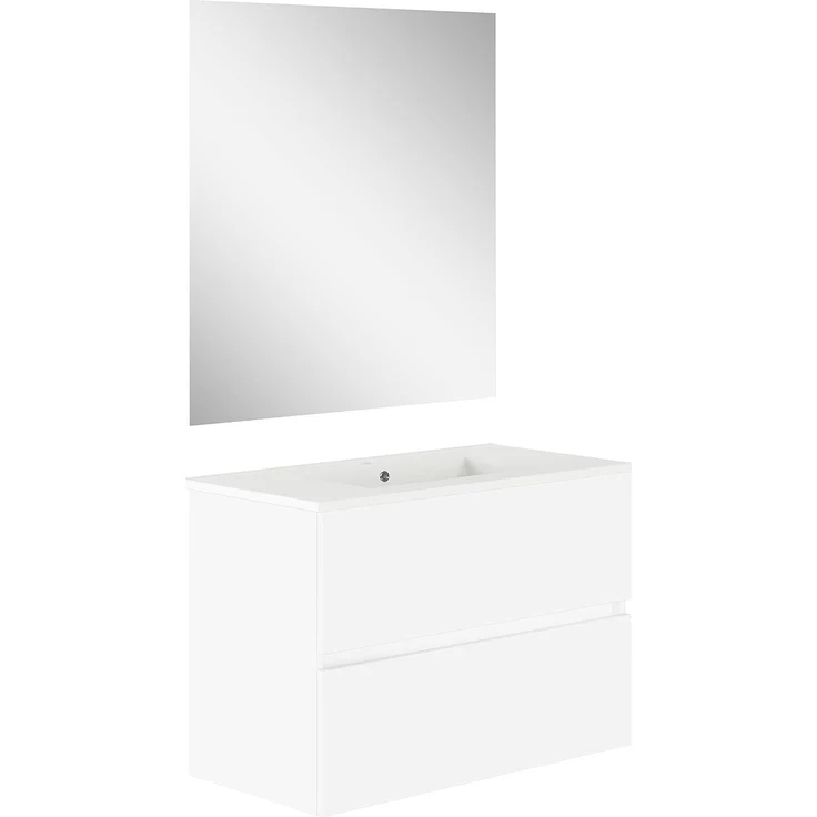 Baikal, Badezimmer-Set Natura mit reduziertem Boden, mit Keramikwaschbecken, Aufteilung mit Zwei Schubladen, montierter Möbel, Zwei Schubladen mit Spiegel, Tiefe 39 cm, 80 cm, Weiß