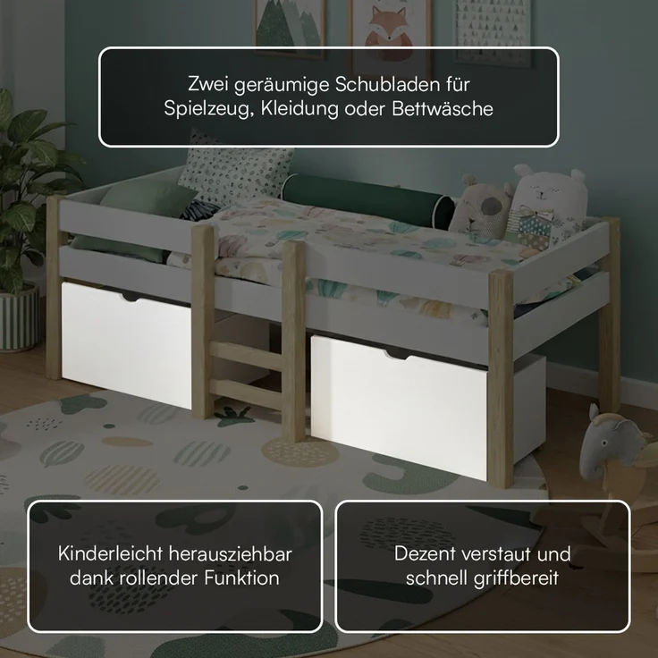 Bellabino 'Aspy' Halbhochbett 90x200 cm mit Leiter, weiß, Kinderbett mit 2 Schubladen, inkl. Rausfallschutz und Lattenrost – Bild 7