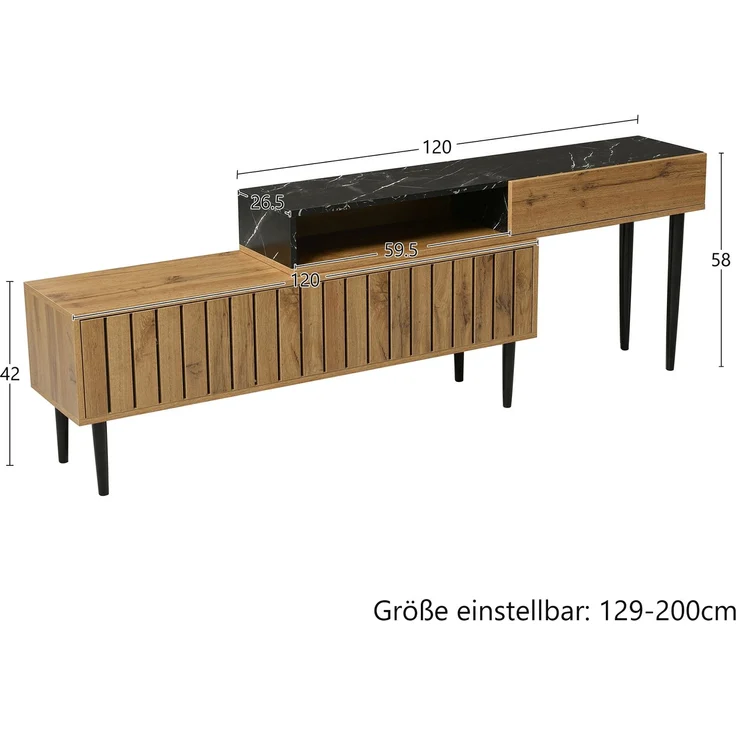Merax Lowboard mit Tischplatte in Marmoroptik und Metallbeine, TV-Schrank stapelbar, TV-Board Länge verstellbar, Bis 200cm, Natur – Bild 4