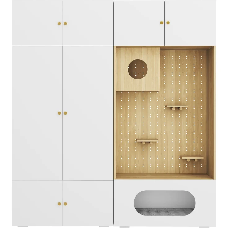 Kleiderschrank, Garderoben-Set Garderobe, Haustierschrank, 180 x 50 x 200 cm, mit 1 Kleiderstange, Katzenkletterwand und Haustierkissen, für Schlafzimmer, Wohnzimmer und Flur, Weiß+Holzoptik--Weiß, Holz--180x50x200cm--YOUDENOVA – Bild 7