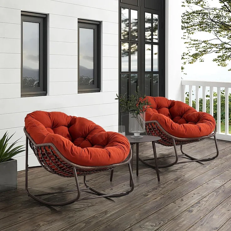LVHOM Schaukelstuhl mit gepolstertem Kissen, Rattanstuhl mit Stahlrahmen, Lounge Sessel, Schaukelsessel, 1 St, für Balkon/Garten/Wohnzimmer/Schlafzimmer – Bild 1