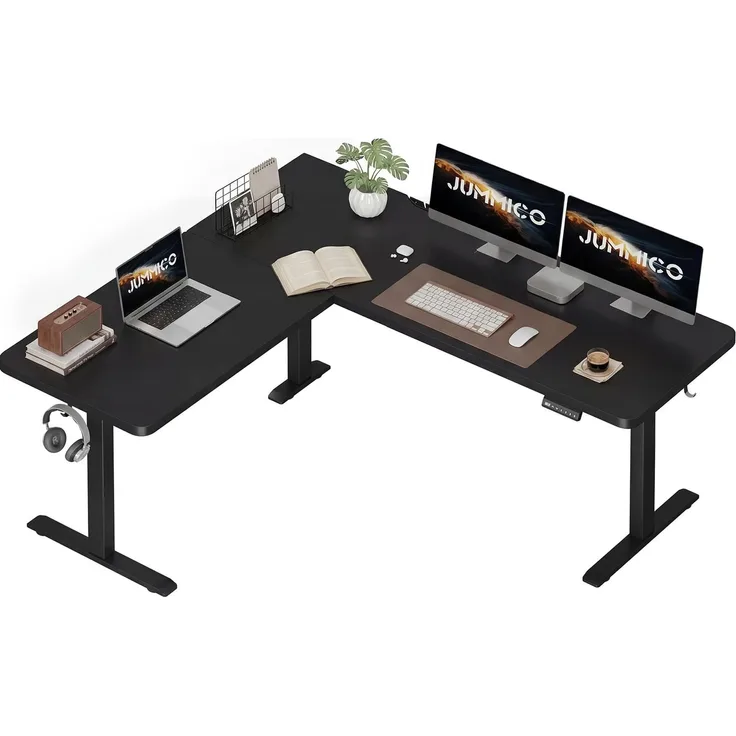 JUMMICO Eckschreibtisch Höhenverstellbar mit 3 Speicherhöhen & Kabelmanagement, 160x140 cm L-förmig Höhenverstellbarer Schreibtisch, Ergonomischer Computertisch für Homeoffice & Gaming, Schwarz