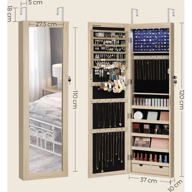 Songmics Schmuckschrank hängend, abschließbarer Spiegelschrank, Wandschrank mit Spiegel und zahlreichen Fächern, Wandmontage, an der Tür hängend, für Ketten, Ohrringe, eichefarben – Bild 5