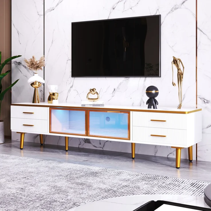 TV-Lowboard aus Spanplatte mit LED & Glasfront, 170x37x47,5 cm, Weiß – Bild 4