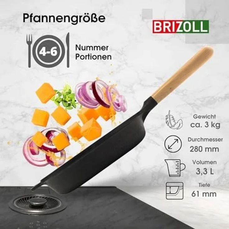BIG-PAN Bratpfanne Ø28cm Pfanne Gusseisen Glasdeckel Pfannenwender, Gusseisen – Bild 4