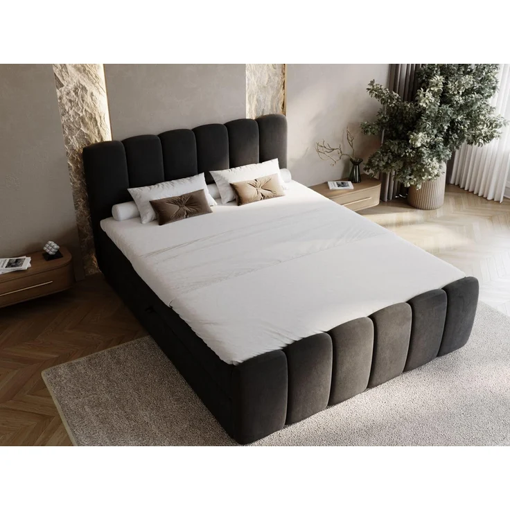 GRAINGOLD Cloud Boxspringbett 140x200, Bett mit Bettkasten, Velour-Stoff, mit Kopfteil, Schwarz – Bild 3