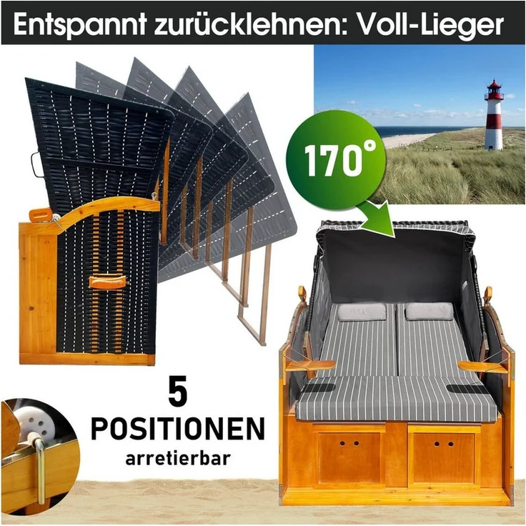 BRAST Strandkorb für 2 Personen, 120cm breit, 5 Designs, BxTxH: 120x79x150 cm, Volllieger, Rügen Deluxe, (verstellbare Rückenlehne weiches Fußkissen), inkl. wetterfeste Abdeckhaube – Bild 3