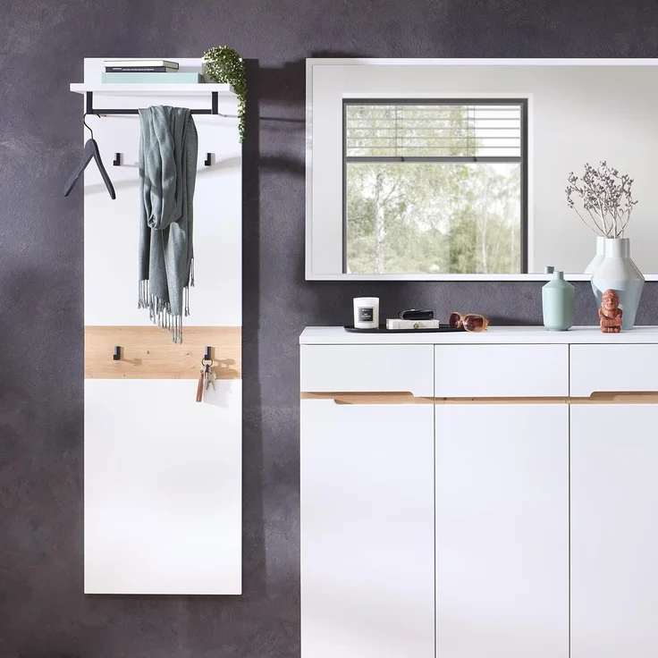 XORA 'MEMPHIS' Wandgarderobe lang, Holznachbildung weiß, 50 x 170 x 30 cm, mit Kleiderstange und 4 Haken – Bild 2