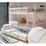 Kids Collective Hochbett 90x200 mit Ausziehbett Kinderbett mit Ausziehfunktion, zwei Schubladen Lattenrost, Rausfallschutz, mit 3 Matratzen, Vollholz in weiss