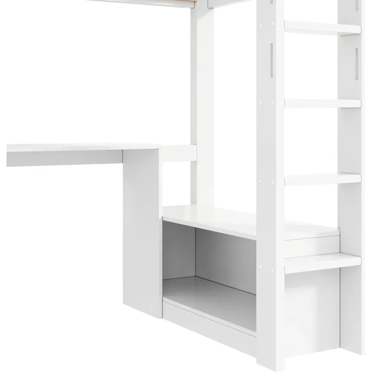 Hochbett mit Schreibtisch, LED-Streifen, Lattenrost, Trittleiter, Regale, Kleiderschrank und USB, 90x200 cm, Kinderbett, Einzelbett, Kiefer – Bild 10