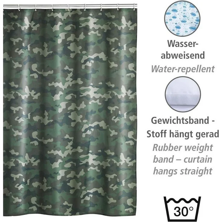 WENKO Duschvorhang Wannenvorhang Badewannenvorhang Camouflage Breite 180 cm, 180 x 200 cm mit 12 Duschvorhangringen – Bild 3