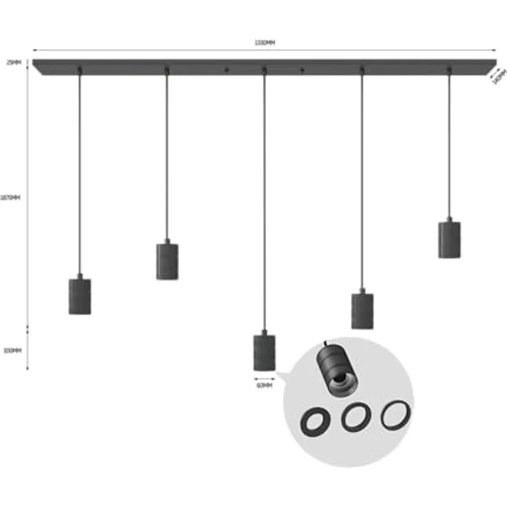 Calex Retro Pendelleuchte, eckig, 5-flg., dimmbar, schwarz – Bild 6
