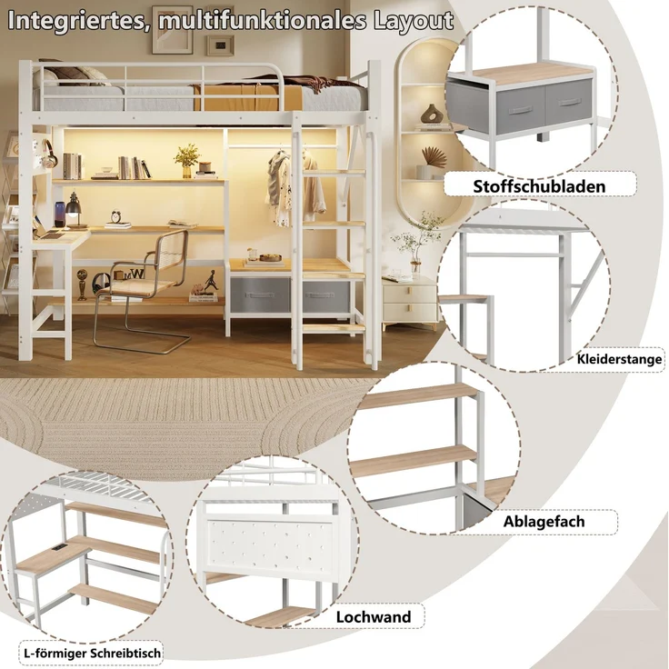 Hochbett 90x200 cm in Weiß mit Schreibtisch, LED-Lichtleiste und Stauraum – Ohne Matratze – Bild 8