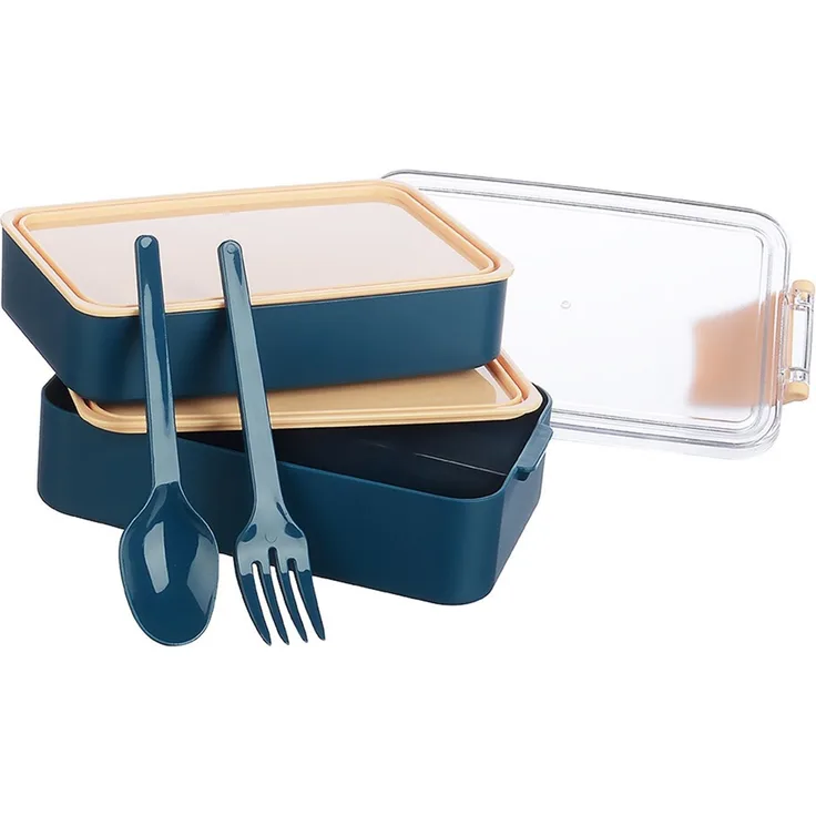 Lunchbox 4-teilig mit Fächern & Besteck - Brotdose für Schule & Büro Dunkelblau-Rosa