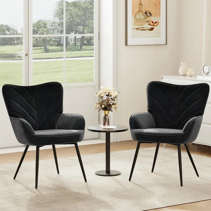 COLAMY Wohnzimmer Sessel 2er Set, Samtbezogener Relaxsessel mit hoher Rückenlehne, Gepolsterter Komfortsessel mit Wingback-Design, Lounge Chair mit Holzbeinen für Wohnzimmer, Leseecke, Schwarz